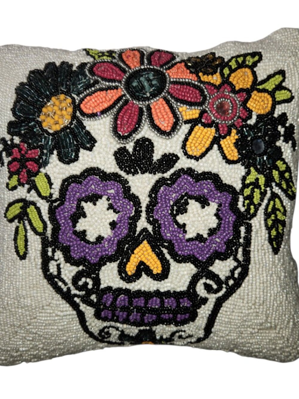 Day of the Dead Dia De Los Muertos Halloween Beaded Throw Pillow Skull 11" x 11"